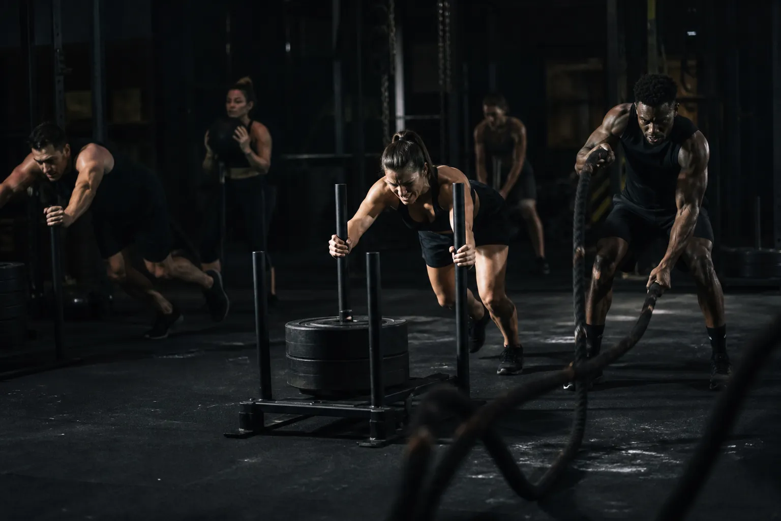 Group HYROX-style conditioning class with sled push and battle ropes in a dark industrial studio