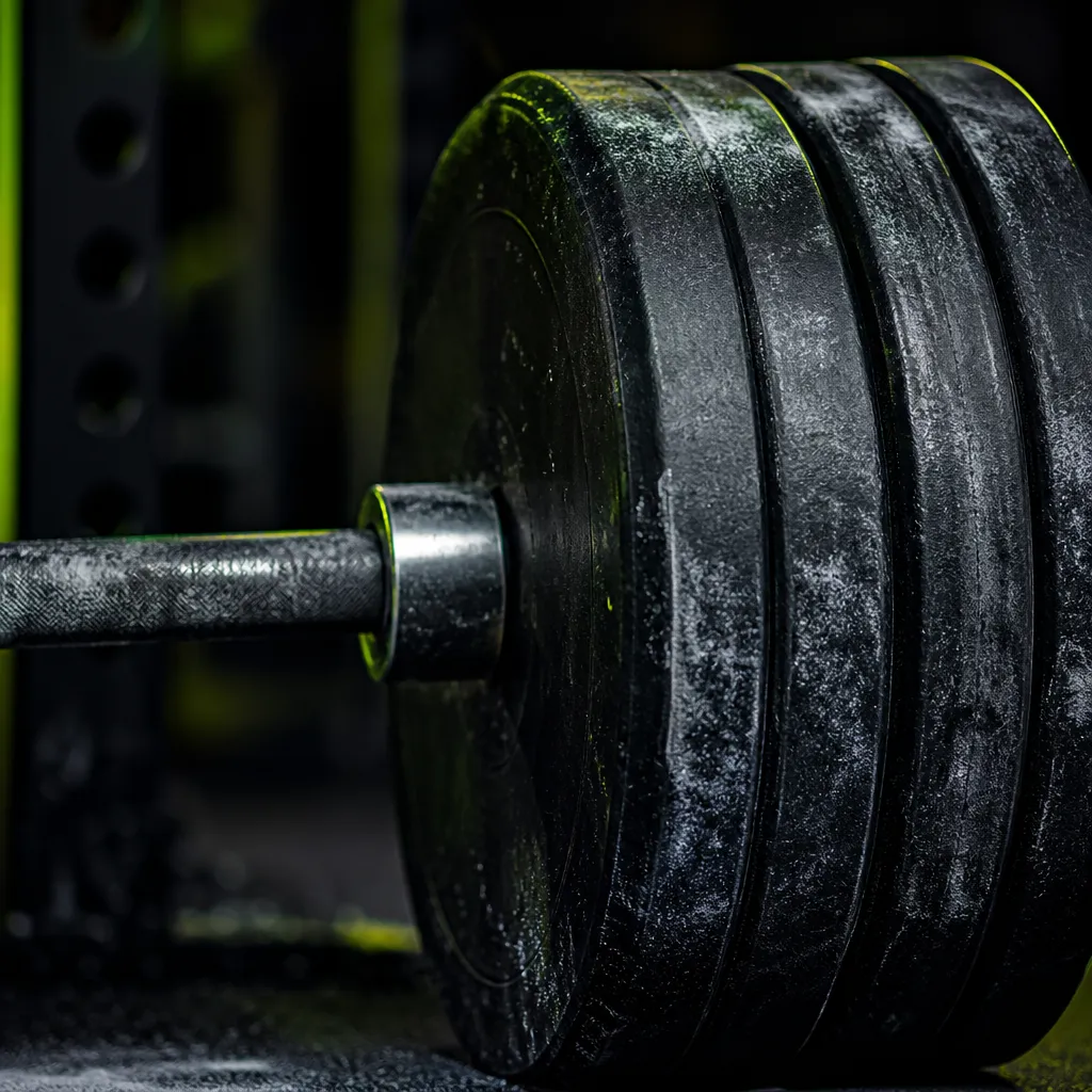 Close-up of a loaded barbell dusted with chalk