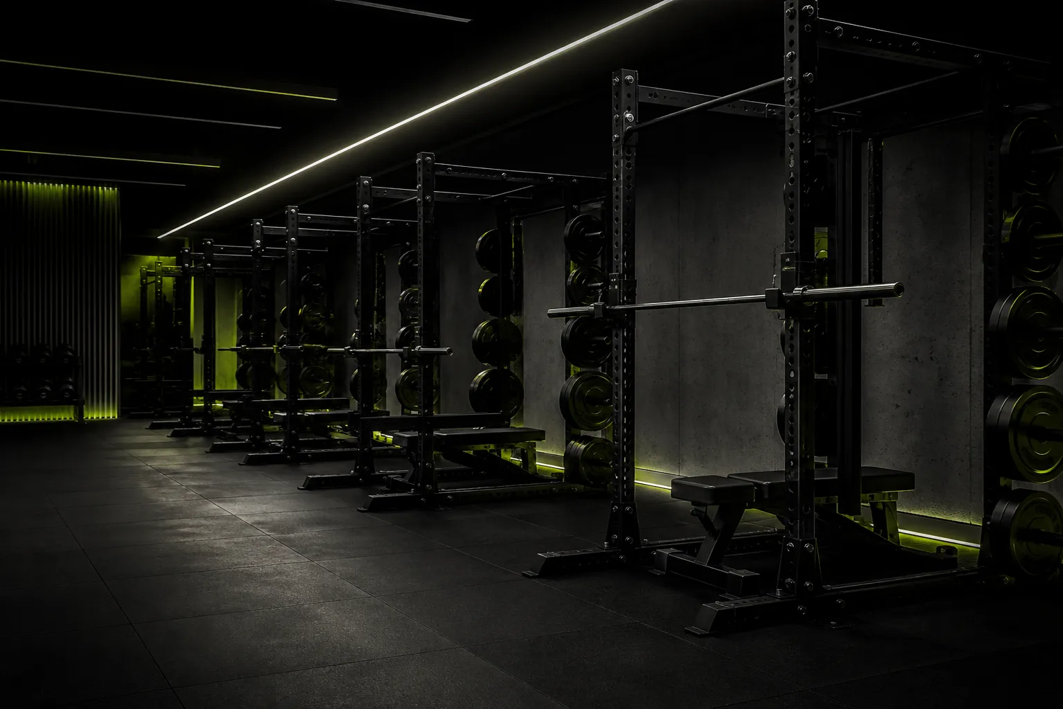 Empty premium strength studio interior with matte-black squat racks and black rubber flooring